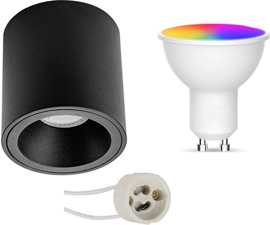 Opbouwspot Set GU10 - Facto - Smart LED - Wifi LED - Slimme LED - 5W - RGB+CCT - Aanpasbare Kleur - Dimbaar - Afstandsbediening - Pragmi Cliron Pro - Opbouw Rond - Mat Zwart - Verdiept - Ø90mm