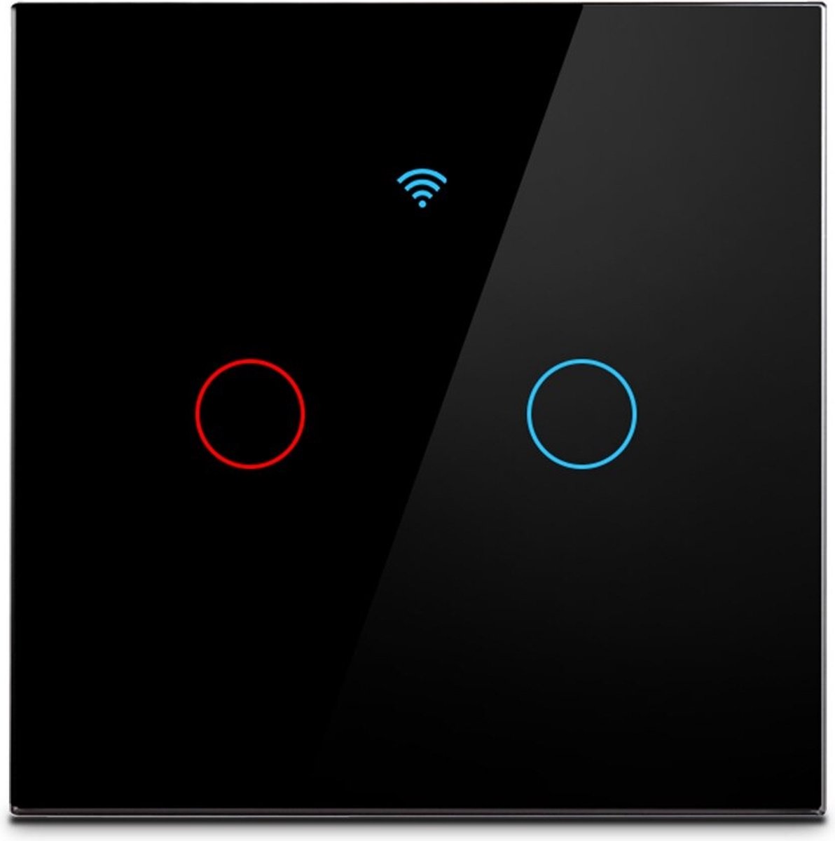 TechU™ Touchscreen Wandschakelaar 2 Knoppen – Zwart – Wifi & App – Voice Control met Google Home & Amazon Alexa – 8.5*8.5 cm – Timer Instellen – Hard glaspaneel – Waterdicht
