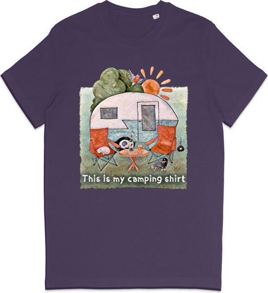 Heren en Dames T Shirt - Camping Kampeer Tafereel - Paars M