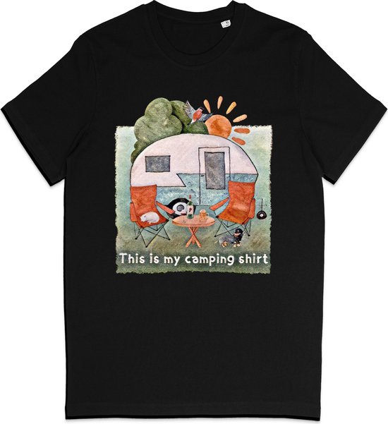 Heren en Dames T Shirt - Camping Kampeer Tafereel - Zwart 3XL