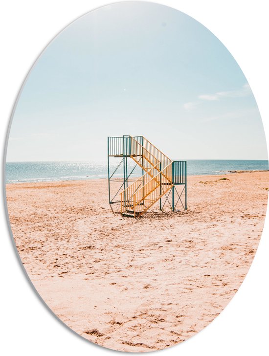 WallClassics - PVC Schuimplaat Ovaal - Blauw met Gele Trap op het Strand - 42x56 cm Foto op Ovaal (Met Ophangsysteem)