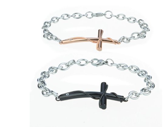Fler® | Paar armbanden voor koppels | Kruis | Zwart | Rose | 20 cm | Staal | RVS | Man | Sinterklaas kado | Liefde | Valentijnsdag kado | Kerstcadeau |