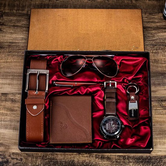 coffret montre pour homme - coffret cadeau - cadeau avec montres pour homme - ceinture - portefeuille - lunettes de soleil - porte clé et stylo de luxe - saint valentin - cadeau homme original