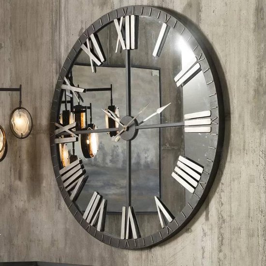 LW Collection horloge miroir 80cm - Klok avec verre Zwart Grijs - horloge miroir
