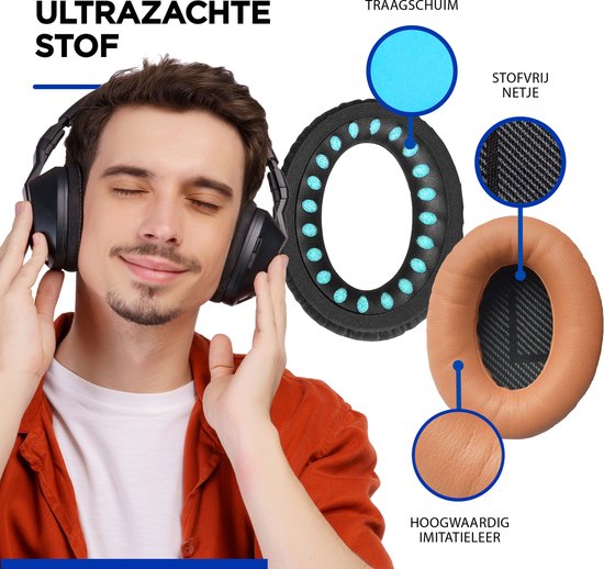 Man met zwarte koptelefoon en beige oorkussens, met detailopnames van traagschuim, stofvrij netje en hoogwaardig imitatieleer.