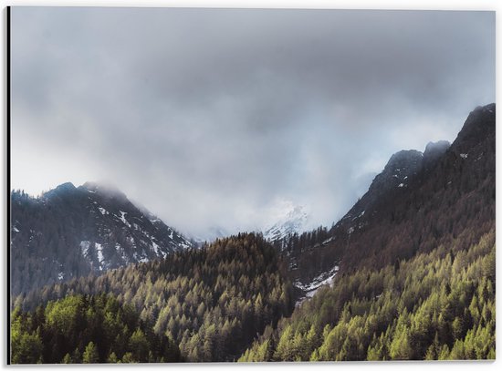WallClassics - Dibond - Wolken bij Bergen en Bos - 40x30 cm Foto op Aluminium (Met Ophangsysteem)