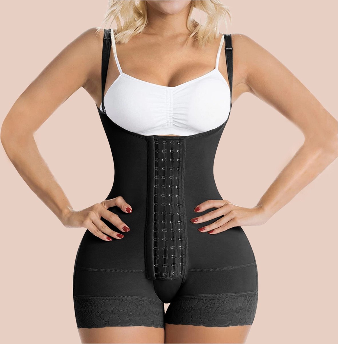 SHAPERX - Full body Shapewear Corrigerend, Fajas Colombiaans, zonder BH, zeer kort broekje met rubber, super strak, zwart, maat XL