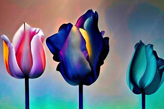 JJ-Art (Glas) 90x60 | Tulpen in geschilderde stijl – bloemen – kunst - woonkamer - slaapkamer | natuur, landschap, roze, blauw, paars, geel, rood, modern | Foto-schilderij-glasschilderij-acrylglas-acrylaat-wanddecoratie