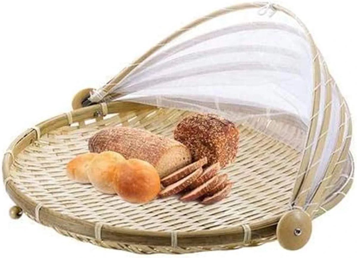 PENGQIMM Bamboetentmand, handgeweven serveermand met tent, bewaarcontainer voor fruit, groentebrood, picknick-nettent met gaas voor buiten, stofbescherming (30 cm)