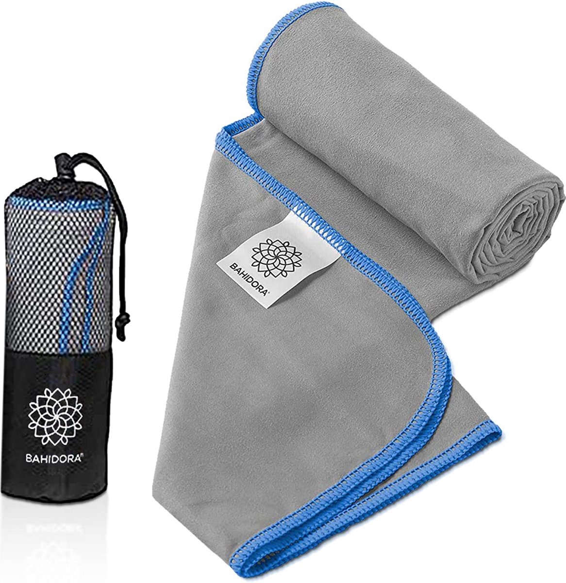 Bahidora® Microvezel handdoek in 16 kleuren, sneldrogende reishanddoek met zakje en ophanglus, ultralichte en compacte outdoor handdoek (set 40x80 cm + 80x160 cm, grijs/blauw)