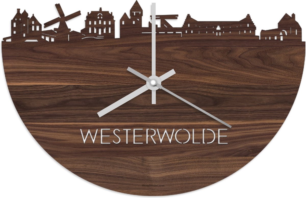 Skyline Klok Westerwolde Notenhout - Ø 40 cm - Stil uurwerk - Wanddecoratie - Meer steden beschikbaar - Woonkamer idee - Woondecoratie - City Art - Steden kunst - Cadeau voor hem - Cadeau voor haar - Jubileum - Trouwerij - Housewarming -
