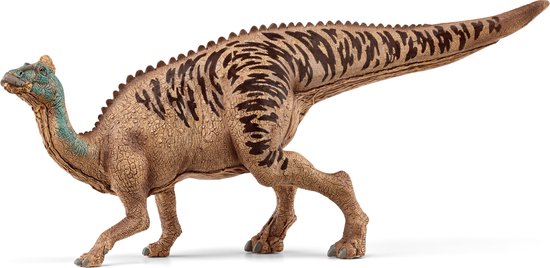 Bruine dinosaurus met blauwgroene kop en donkere strepen op rug en staart.