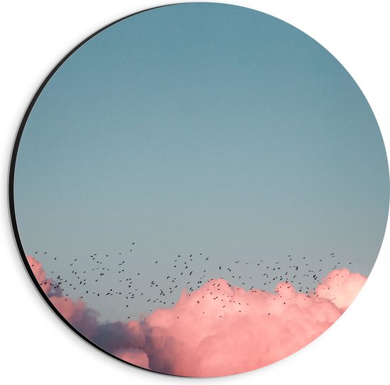 WallClassics - Dibond Muurcirkel - Zwerm Vogels bij Roze Wolken in Blauwe Lucht - 20x20 cm Foto op Aluminium Muurcirkel (met ophangsysteem)