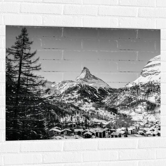 WallClassics - Muursticker - Grote Boom voor Sneeuwbergen (zwart/ wit) - 100x75 cm Foto op Muursticker