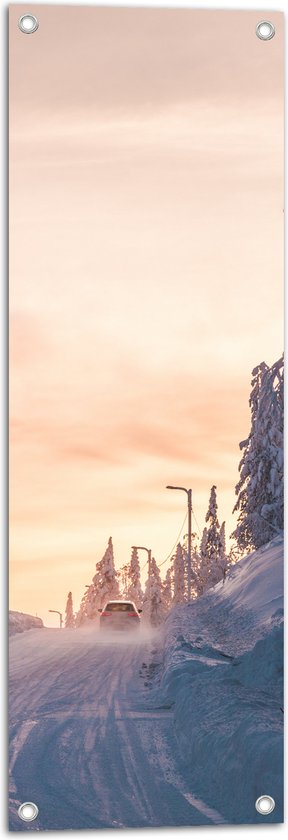 WallClassics - Tuinposter – Auto rijdend door Sneeuwgebied - 30x90 cm Foto op Tuinposter (wanddecoratie voor buiten en binnen)