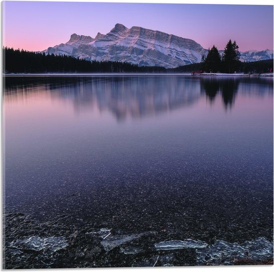 WallClassics - Acrylglas - Grote Berg aan Bevroren Meer met Bomen - 50x50 cm Foto op Acrylglas (Met Ophangsysteem)