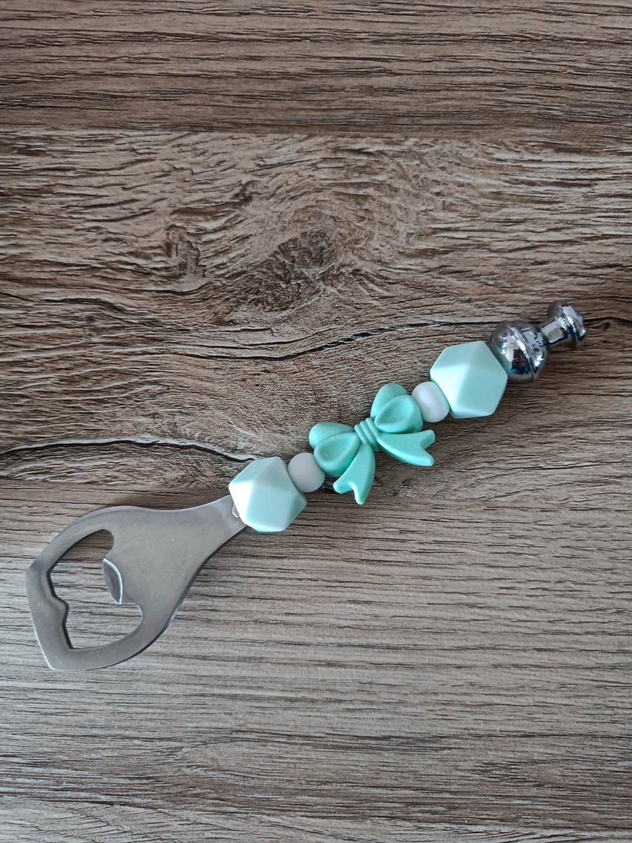 Flesopener met Kralen - Gepersonaliseerde flesopener - 1 stuk - Flesopener RVS - Mint Strik - Flessenopener Cadeau