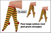 3x Paar lange sokken rood geel groen streepjes mt. 36-42 - Themafeest party carnaval festival thema feest