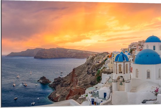 Dibond - Zonsondergang op het Griekse eiland Santorini - 90x60 cm Foto op Aluminium (Wanddecoratie van metaal)