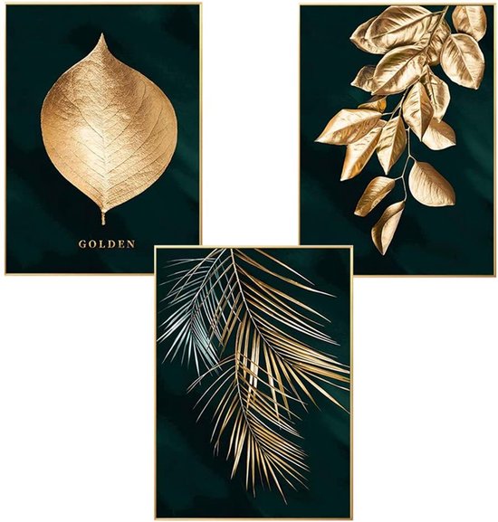 Allernieuwste 3-delige set Canvas Design Schilderij - Wandschilderijen - Bos, gouden bladeren, palmblad - Print kunstposter - Decoratie voor de woonkamer ( 30 x 40 cm)