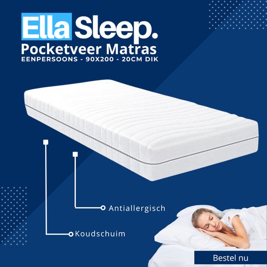 Ella-Sleep - Saffier - 7 Zone - Eenpersoons - 90x200 - Pocketveer matras - Anti-allergisch - Koudschuim