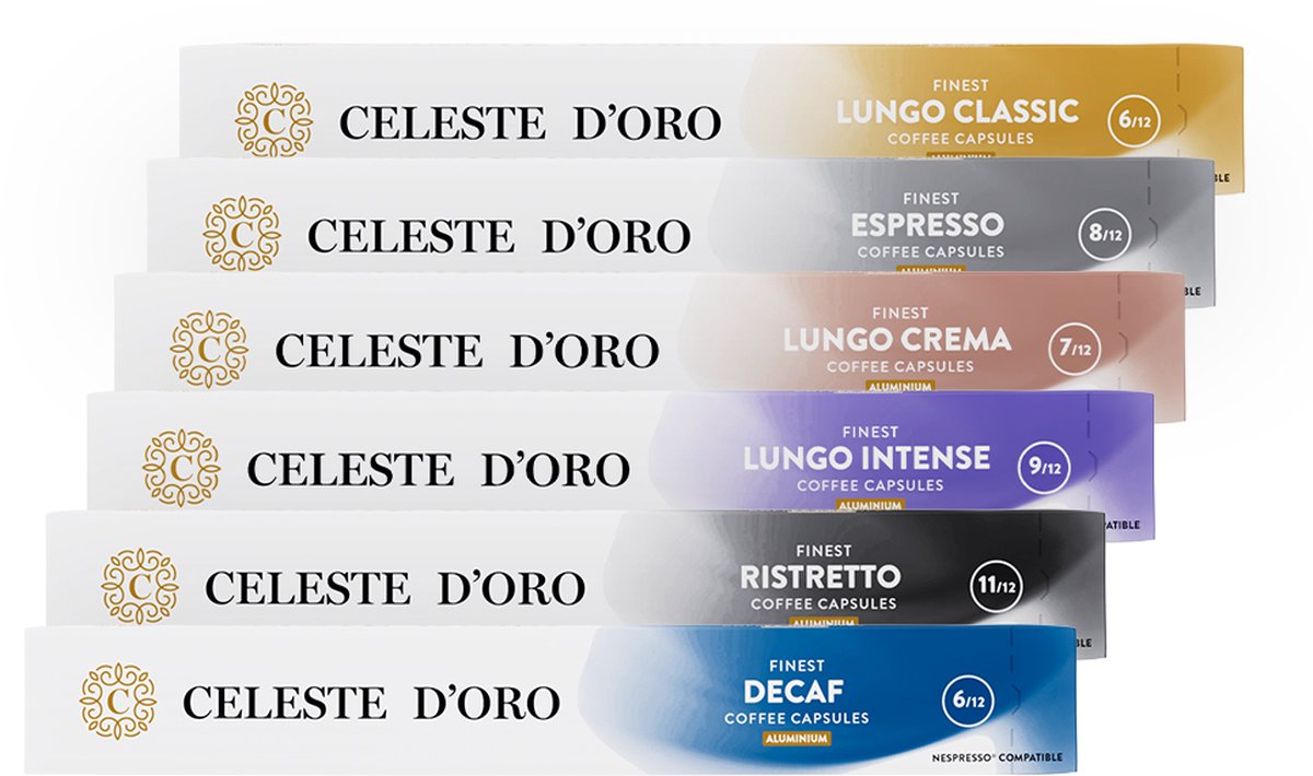 Celeste d’Oro - Koffiecups - Nespresso Compatibel Proefpakket - Oriëntatiepakket - Lungo, Espresso en meer - 60 cups