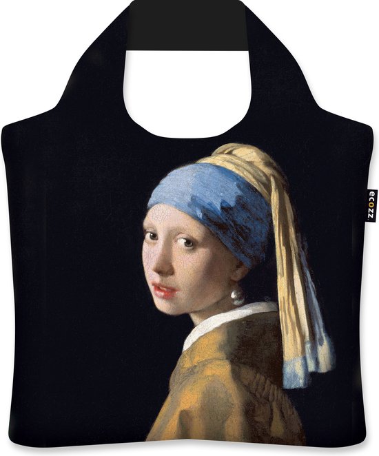 Sac fourre-tout noir avec une impression de "La Jeune Fille à la perle" de Jan Vermeer.