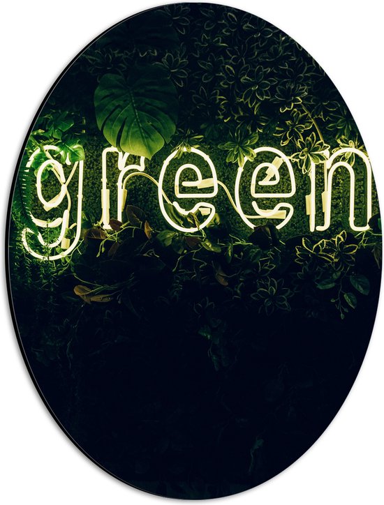 Dibond Ovaal - ''GREEN'' Neon Letters tussen Struiken - 30x40 cm Foto op Ovaal (Met Ophangsysteem)