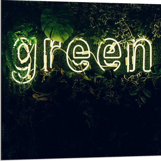 Dibond - ''GREEN'' Neon Letters tussen Struiken - 80x80 cm Foto op Aluminium (Wanddecoratie van metaal)