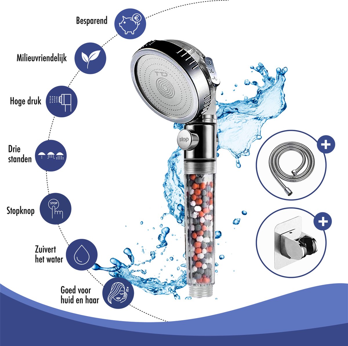 TTD Waterbesparende Douchekop met Stopknop Douchekop met Ionische