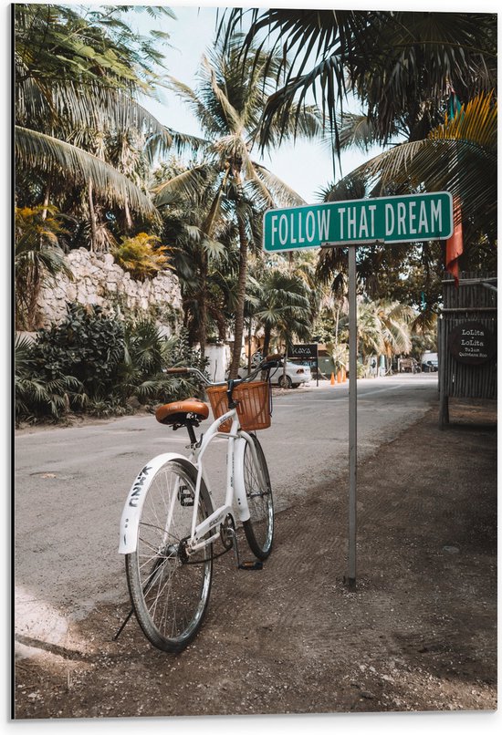 WallClassics - Dibond - Fiets geparkeerd bij Bord met ''Follow That Dream'' in Stad met Palmbomen - 40x60 cm Foto op Aluminium (Met Ophangsysteem)