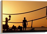 Hout - Silhouet van Gelukkig Familie op het Strand tijdens Volleybal - 75x50 cm - 9 mm dik - Foto op Hout (Met Ophangsysteem)