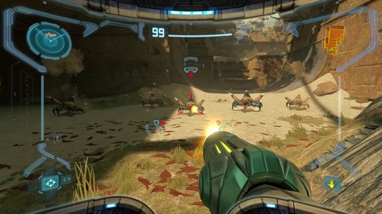 Eerste persoonsperspectief met Samus' groene kanon dat vuurt op insectachtige wezens in een zanderige omgeving.