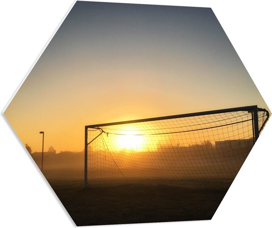 PVC Schuimplaat Hexagon - Ondergaande Zon door net van Voetbaldoel - 70x60.9 cm Foto op Hexagon (Met Ophangsysteem)