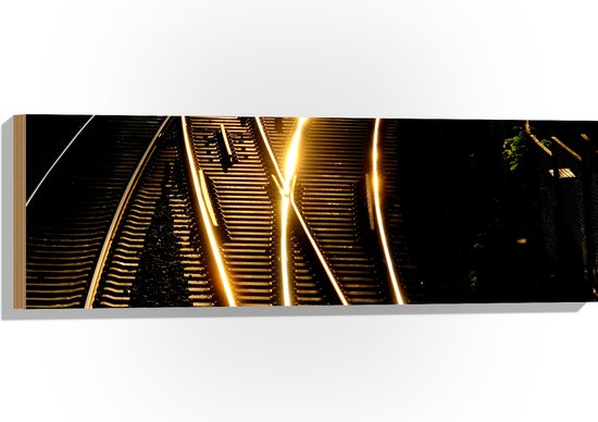 WallClassics - Hout - Kruisende Spoorwegen in het Donker - 90x30 cm - 9 mm dik - Foto op Hout (Met Ophangsysteem)