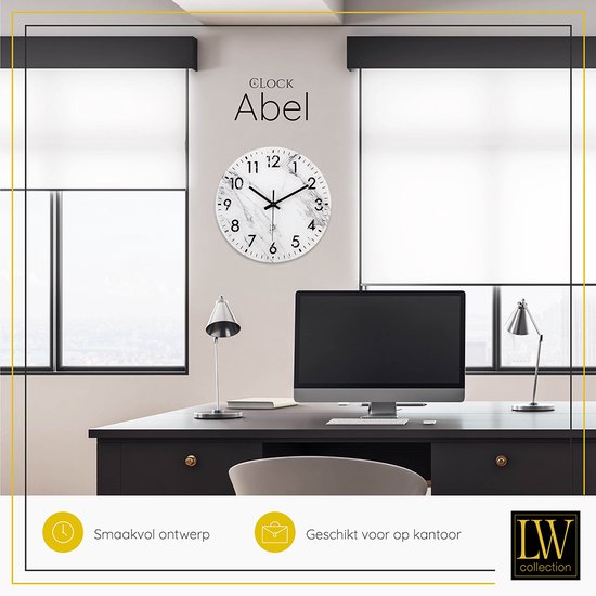LW Collection horloge murale verre marbre marbre blanc 30cm - petite horloge - horloge murale silencieuse - horloge de cuisine silencieuse