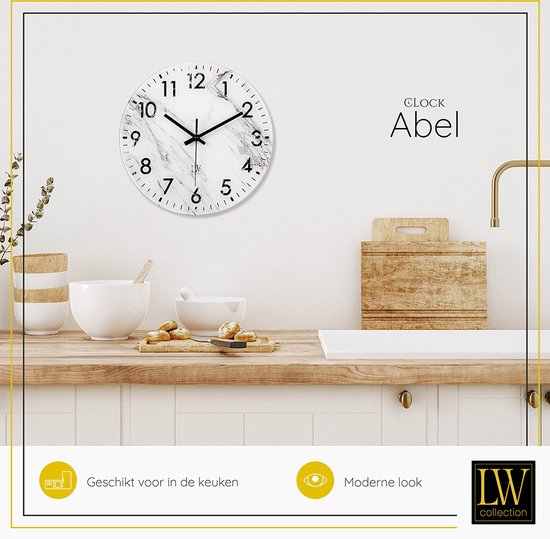 LW Collection horloge murale verre marbre marbre blanc 30cm - petite horloge - horloge murale silencieuse - horloge de cuisine silencieuse