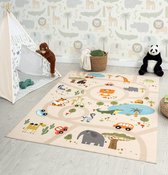 the carpet Happy Life Kinderkamer, kindertapijt, speeltapijt, wasbaar, dieren, jungle, auto, beige met safari motief, 120 x 160 cm