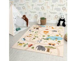 foto van the carpet Happy Life Kinderkamer, kindertapijt, speeltapijt, wasbaar, dieren, jungle, auto, beige met safari motief, 120 x 160 cm