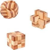 DW4Trading Casse-tête 3D en bambou Cube, Noeud 1 et 2 - set de 3 pièces - 5x5 cm