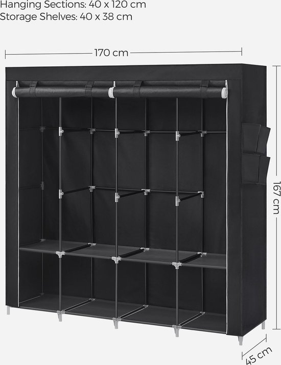 SONGMICS Fabric Cabinet 45 x 127 x 176 cm, 2 Hanging Compartments with Shelves, 4 Side Pockets, Plenty of Space for Bedroom, Living Room, Black
