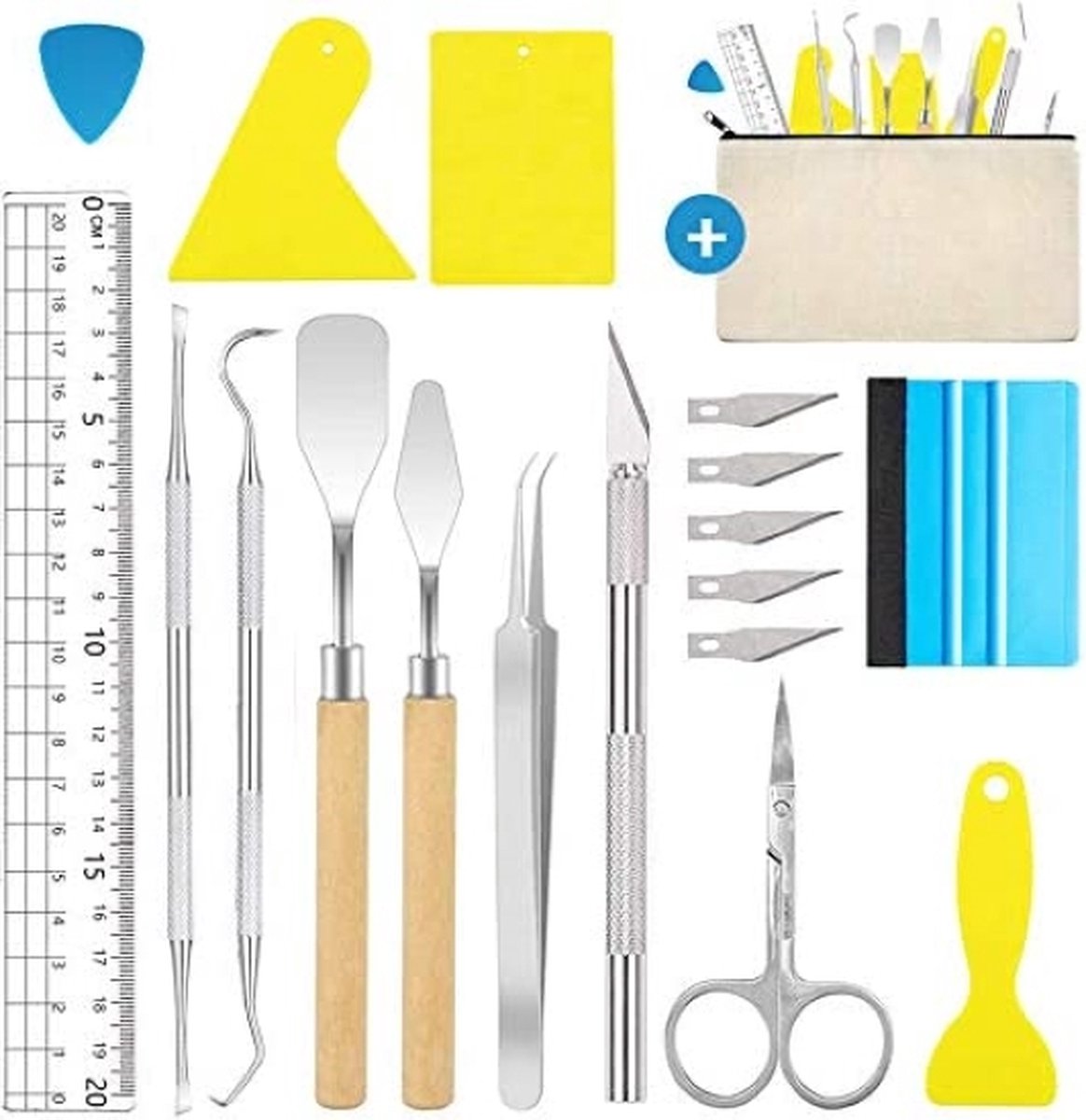 18 stuks vinyl wieden gereedschap roestvrijstalen plotter accessoires HTV + 1 stuk opbergtas, DIY Craft Tool Set, cameo's, belettering, inclusief wieden haken, pincet, spatels voor silhouet