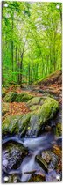 Tuinposter – Groen Bos met Stromend Beekje - 30x90 cm Foto op Tuinposter (wanddecoratie voor buiten en binnen)