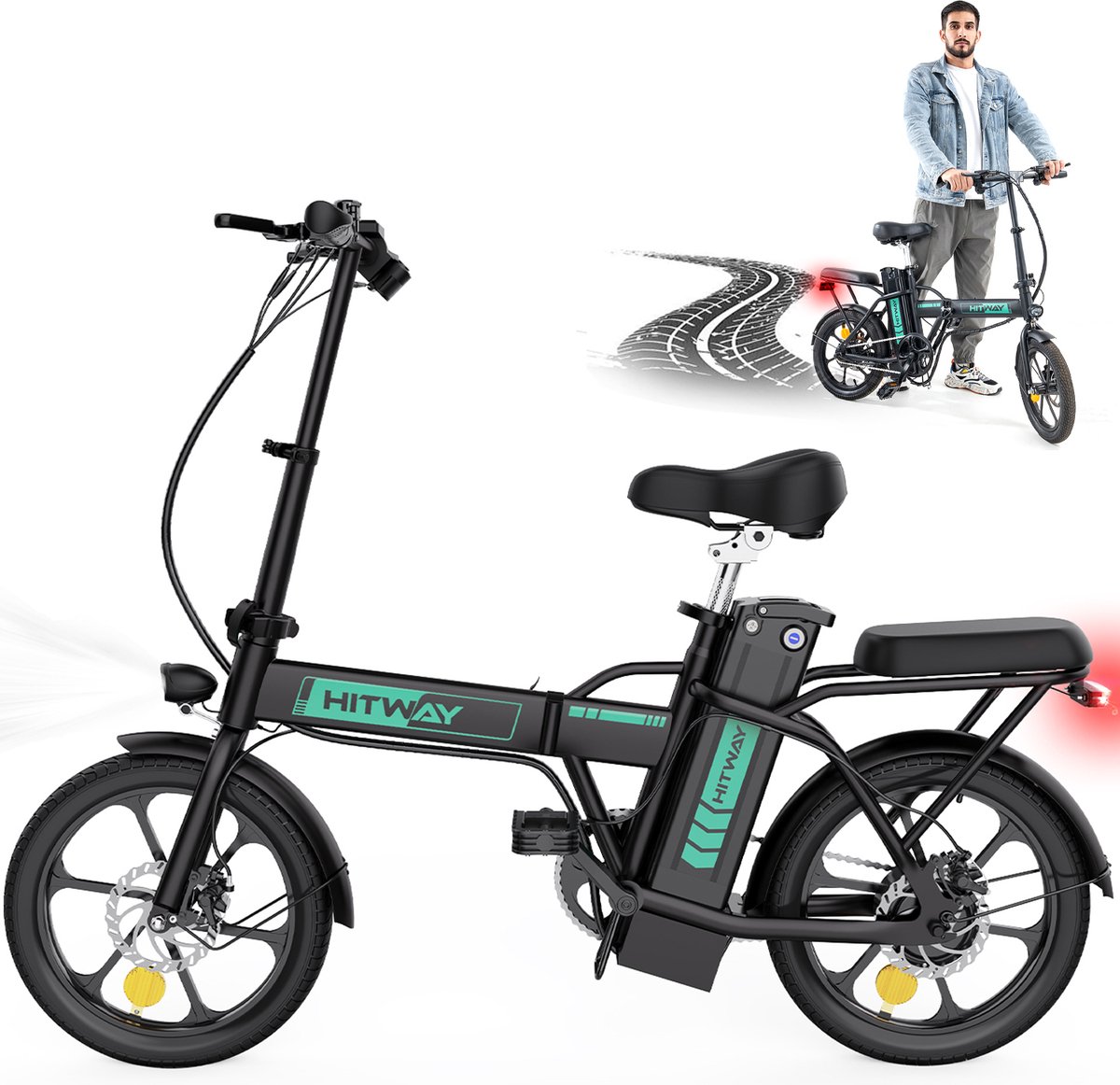 HITWAY Elektrische Fiets - Opvouwbare E-bike - 16 Inch - 250W - 8,4Ah - Zwart /Groen