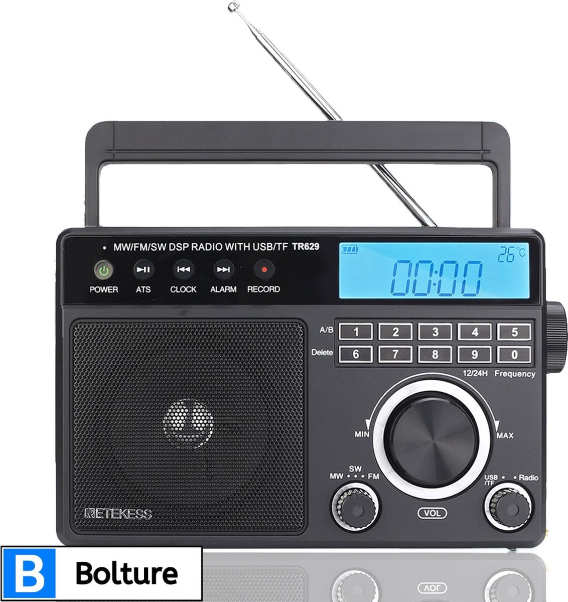 Bolture Draagbare Radio op Batterijen - Noodradio - Transistor Radio Voor Rampen - Inclusief Oplader - Zwart