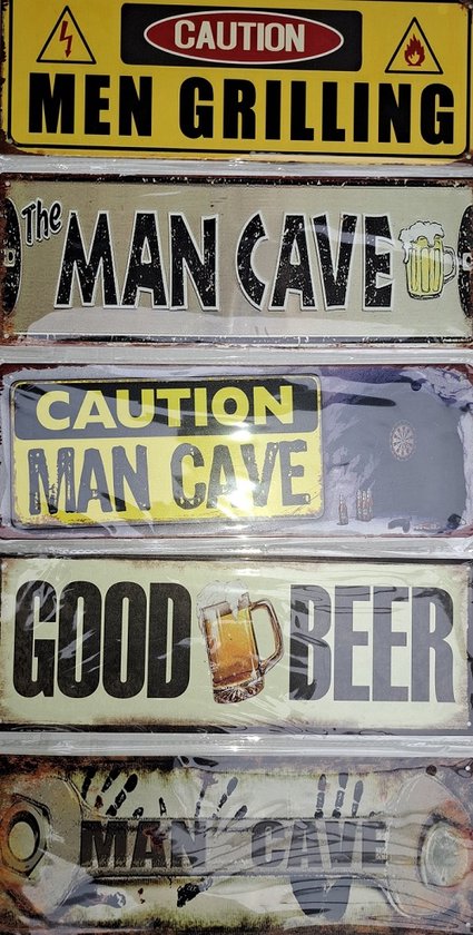 Denza - 5 x blikken platen mancave - decoratie - uniek - retro - Men Grilling - Mancave - Caution Man Cave - Good Beer - Mancave - Blik - Metalen borden - lengte 23,5 x 13 cm zeer mooi
