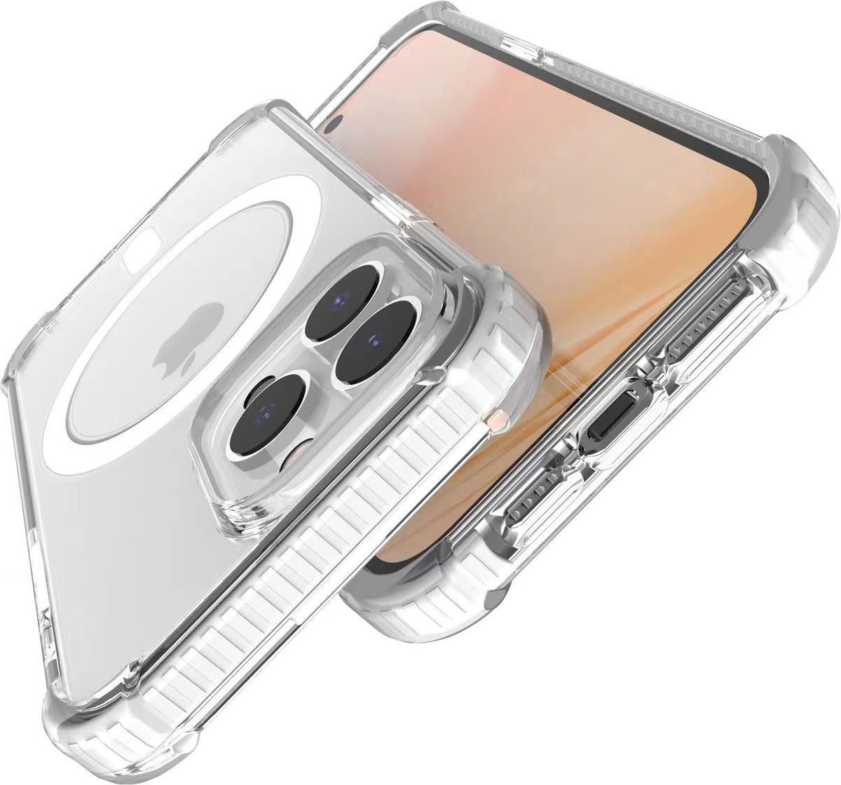 Premium Magnetische Siliconen Back Cover met Schokbescherming – Geschikt voor iPhone 14 Plus / 15 Plus – Transparant met Gekleurde Randen – Met Verhoogde Camerarand & MagSafe Ondersteuning – Anti-Yellow Hoesje - Transparant/Wit