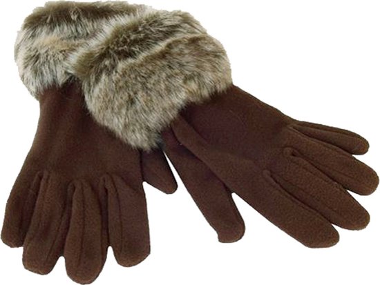 Dames fleece handschoenen met bontrand kleur bruin maat one size S/M