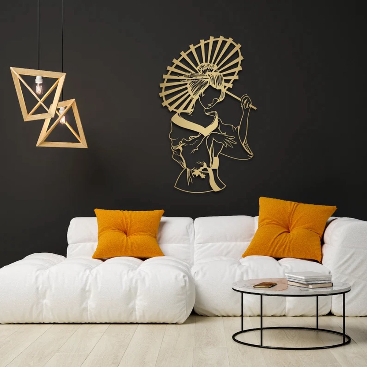 Metalen Wanddecoratie Japans Meisje – 3D Wandkunst – Goud – 84 x 52 cm