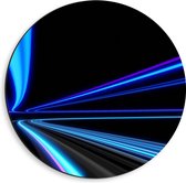 Dibond Muurcirkel - Blauwe en Paarse Neon Strepen in Zwarte Omgeving - 40x40 cm Foto op Aluminium Muurcirkel (met ophangsysteem)
